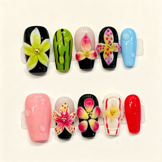 Tropical Pop Bloom | Short Coffin Press‑on Nails