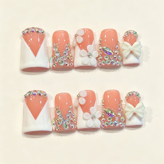 Blush Crystal Bow | Short Duck Press‑on Nails