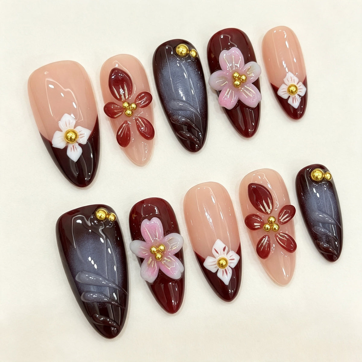 Wine Bloom | Medium Almond Press-on Nails