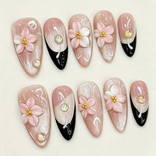 Roseate Kaelis | Medium Almond Press‑on Nails