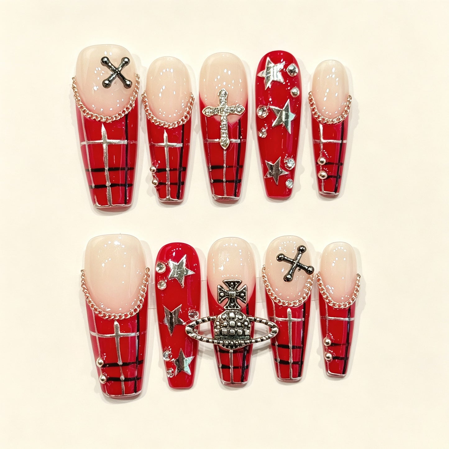 Scarlet Grid | Long Coffin Press‑on Nails