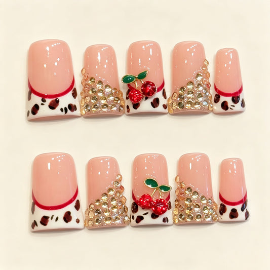 Cherry Leopard | Short Duck Press‑on Nails