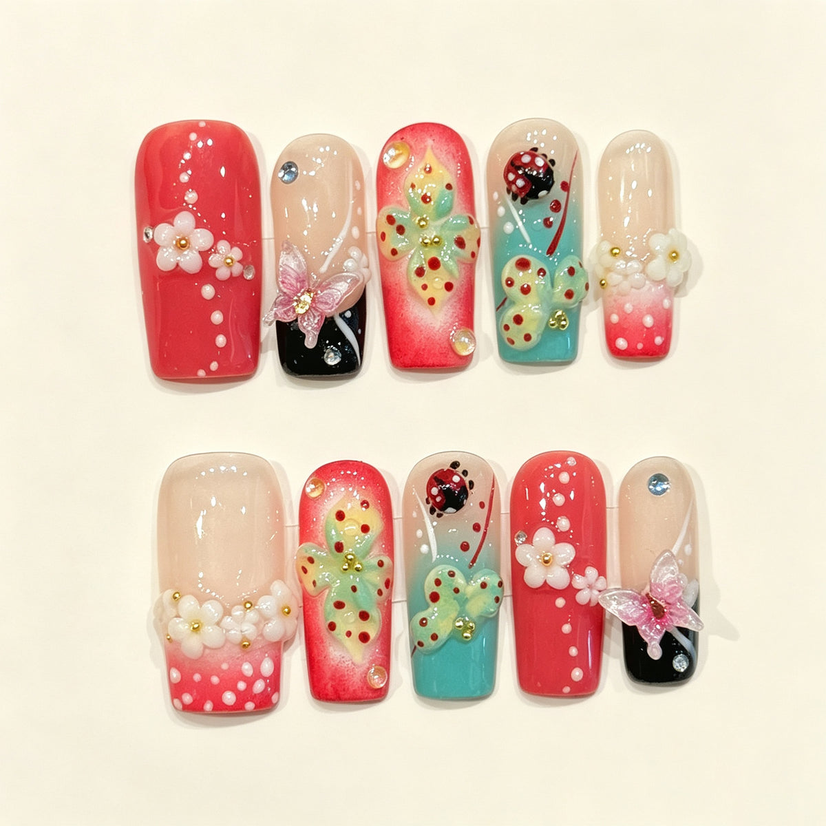 Scarlet Breeze | Long Square Press‑on Nails