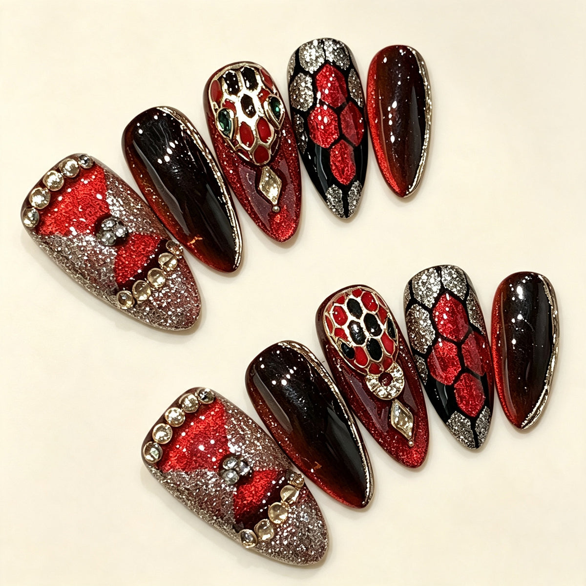 Ruby Medusa | Long Almond Press‑on Nails