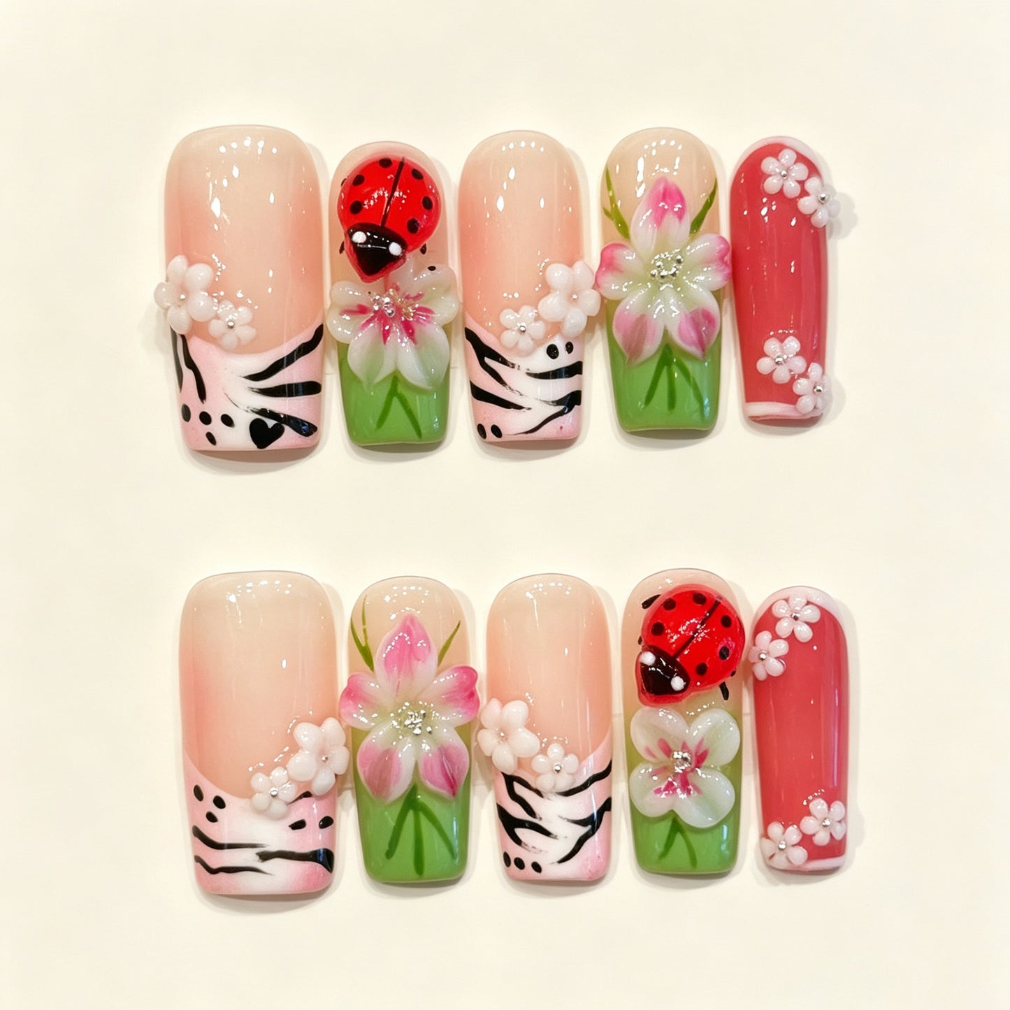 Spring Ladybug | Long Square Press‑on Nails