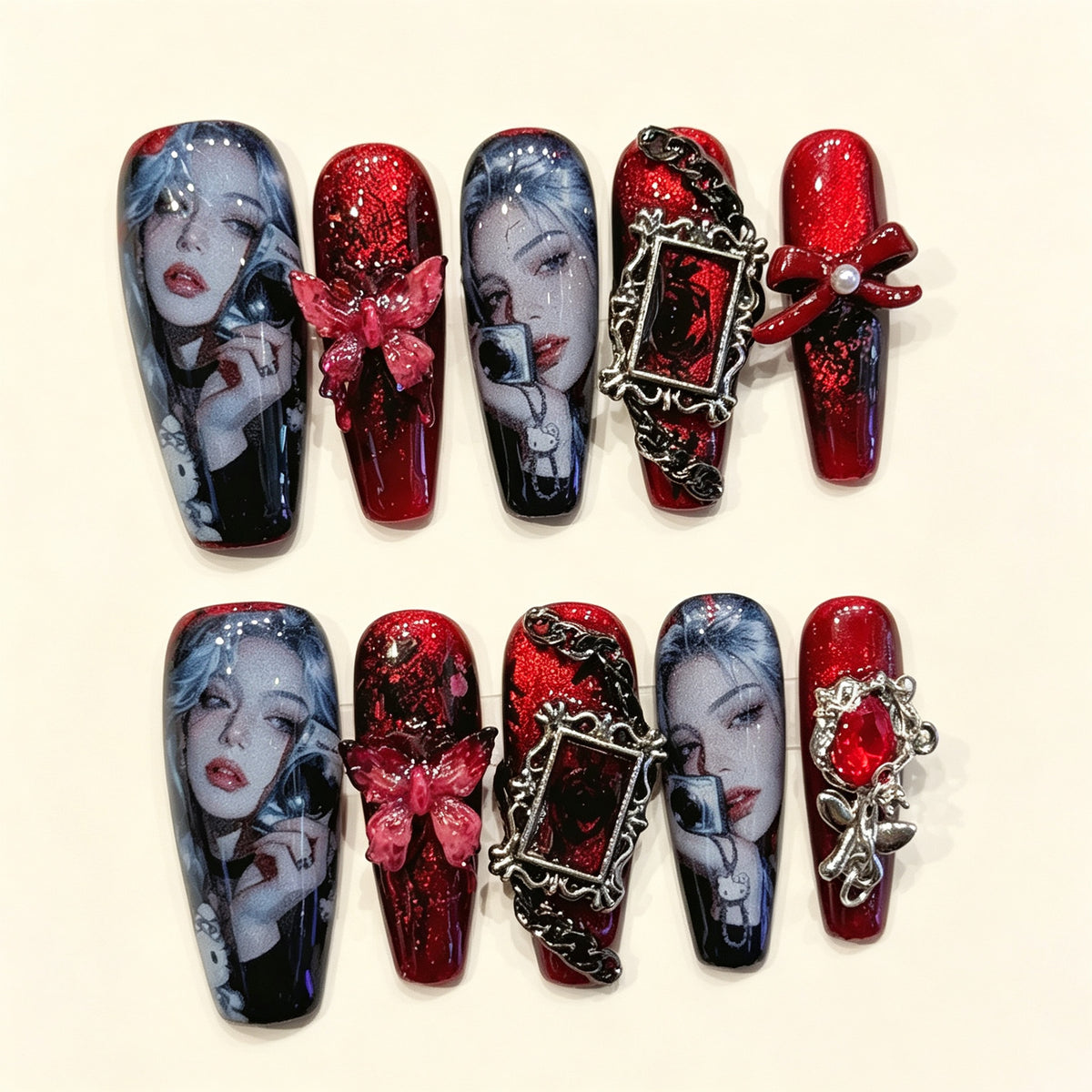 Crimson Phantom | Medium Coffin Press‑on Nails