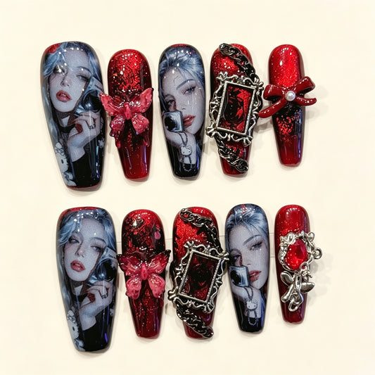 Crimson Phantom | Medium Coffin Press‑on Nails