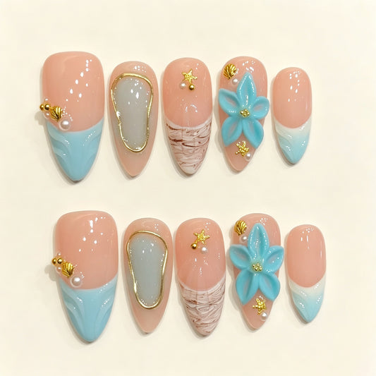Aqua Ballad | Medium Almond Press‑on Nails