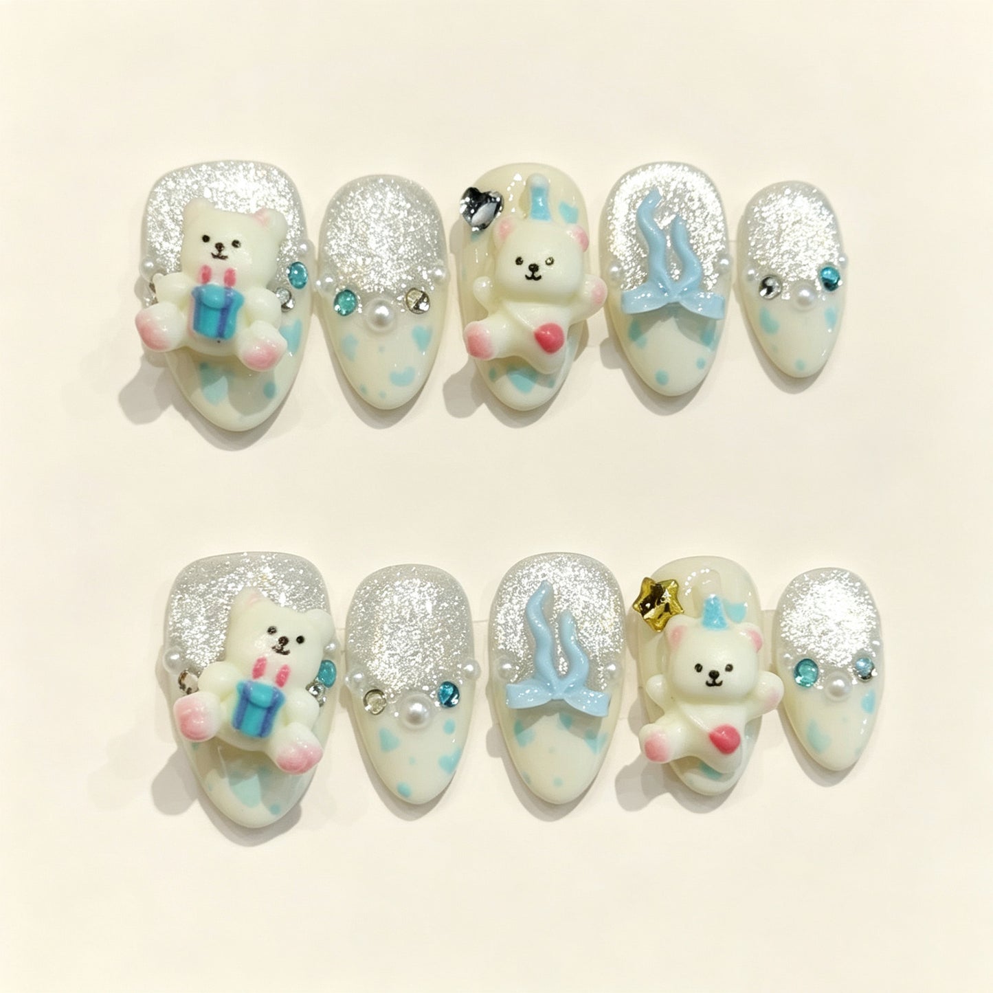 Milk Blue Bear Joy | Short Almond Press‑on Nails