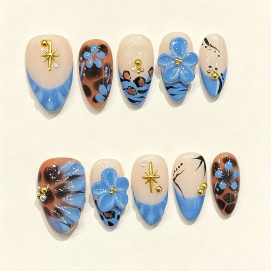Blue Safari | Short Almond Press‑on Nails