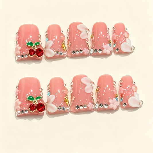 Pink Cherry Whimsy | Short Duck Press‑on Nails