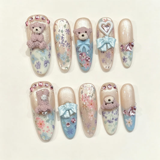 Teddy Bloom | Long Oval Press‑on Nails