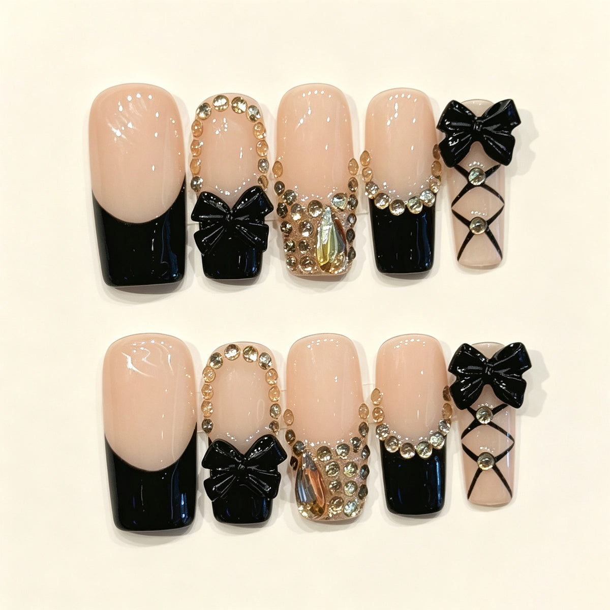 Noir Bow | Long Square Press‑on Nails