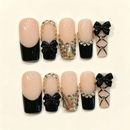 Noir Bow | Long Square Press‑on Nails