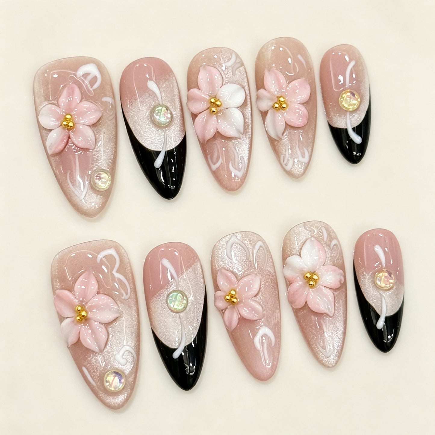 Blush Flora | Medium Almond Press‑on Nails