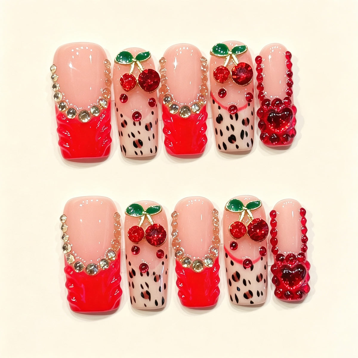 Cherry Vibe | Long Square Press‑on Nails