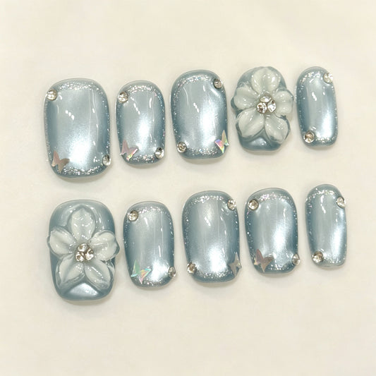 Ice Blue Petal | Short Square Press‑on Nails