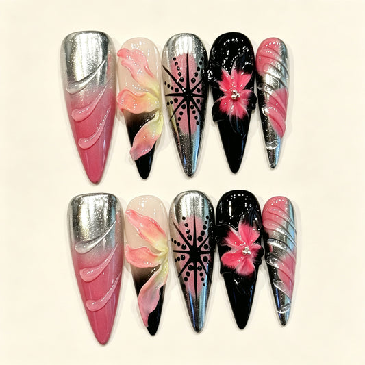 Fuchsia Metallic | Long Stiletto Press‑on Nails