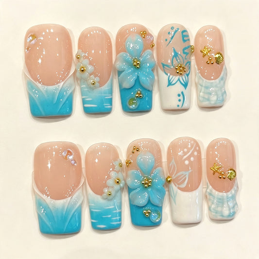 Aqua Bloom | Long Square Press‑on Nails