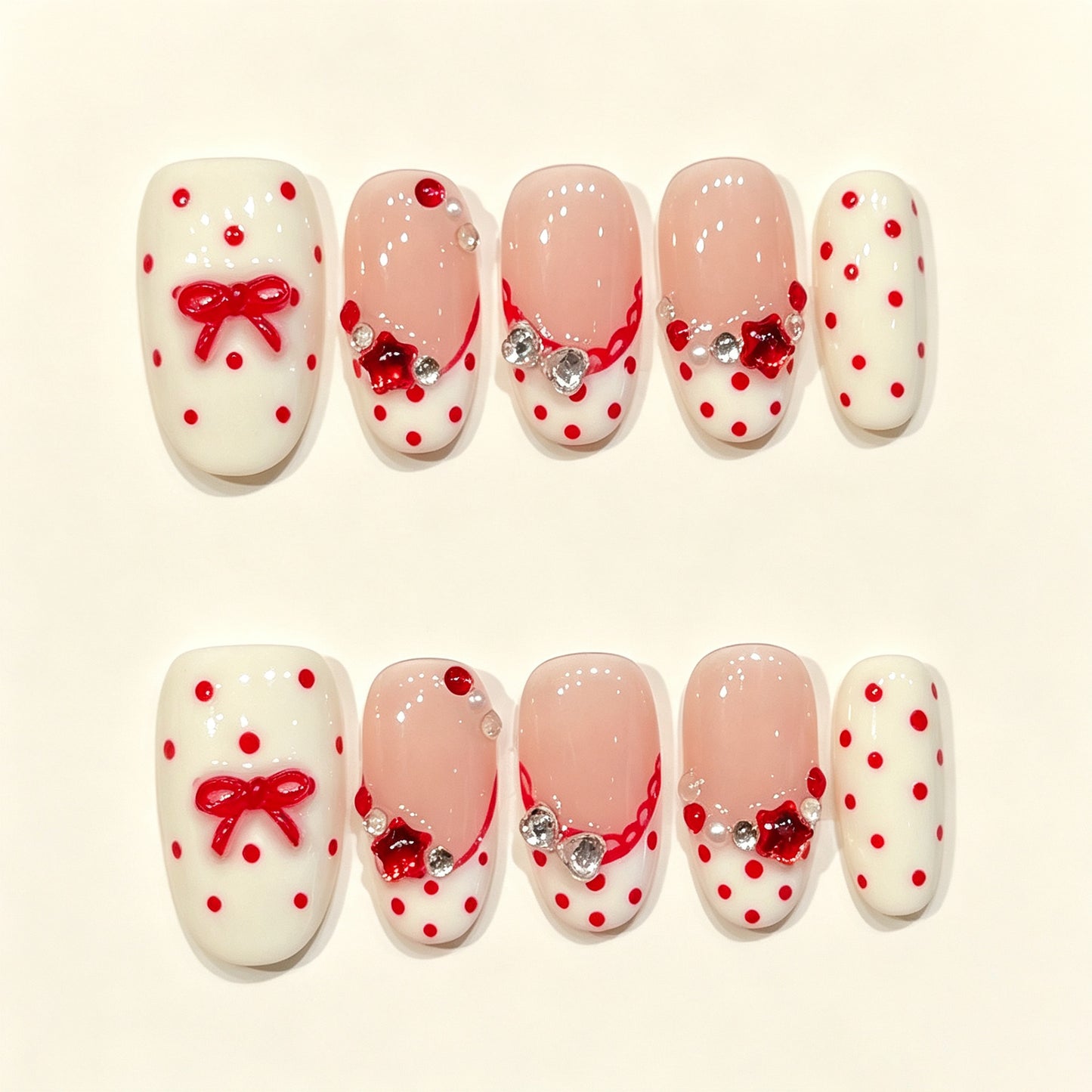 Cream Bow | Short Oval Press‑on Nails