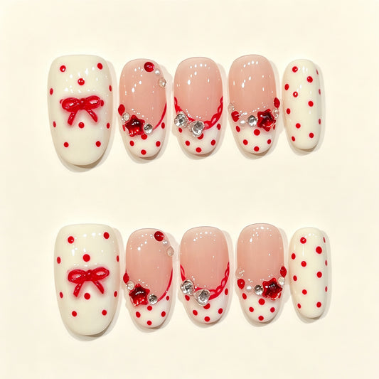 Cream Bow | Short Oval Press‑on Nails