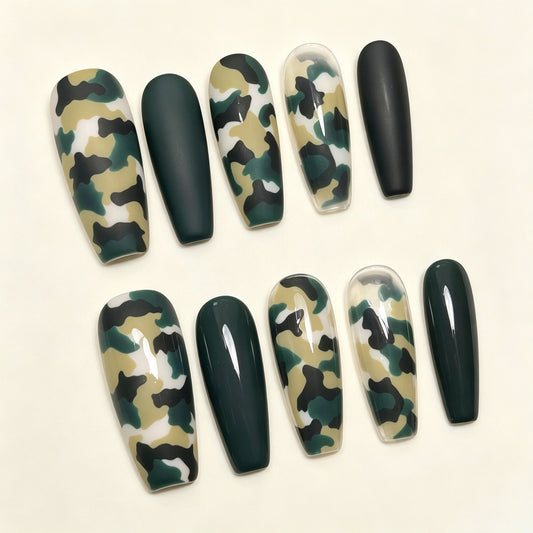 Army Camo | Long Coffin Press‑on Nails