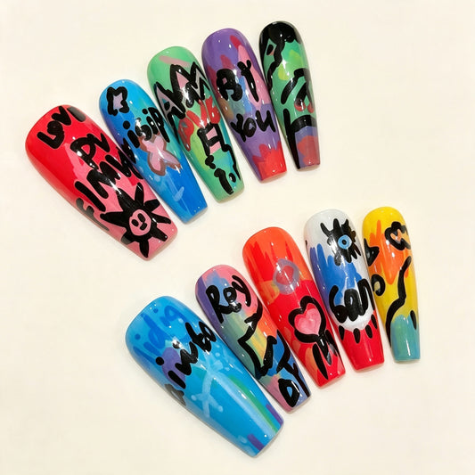 Graffiti Pop | Long Coffin Press‑on Nails