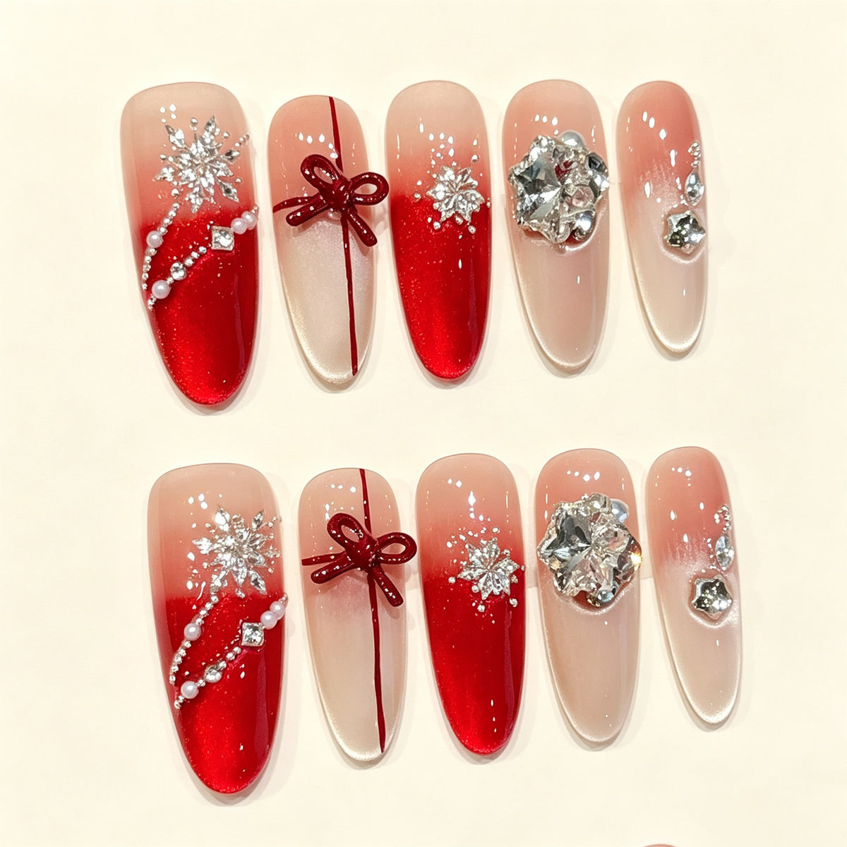 Ruby Snow | Long Almond Press‑on Nails