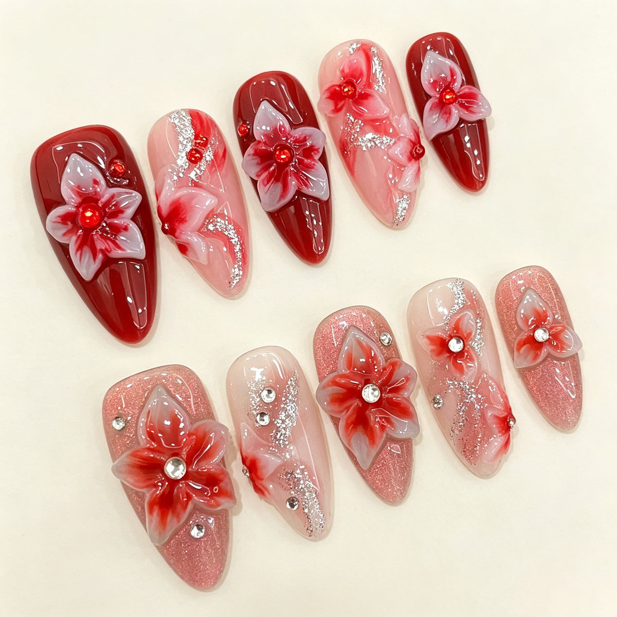 Scarlet Bloom | Medium Almond Press‑on Nails