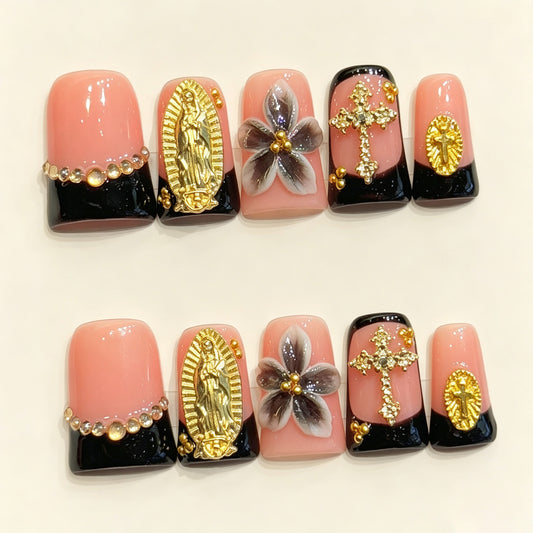 Noir Golden Vow | Short Duck Press‑on Nails