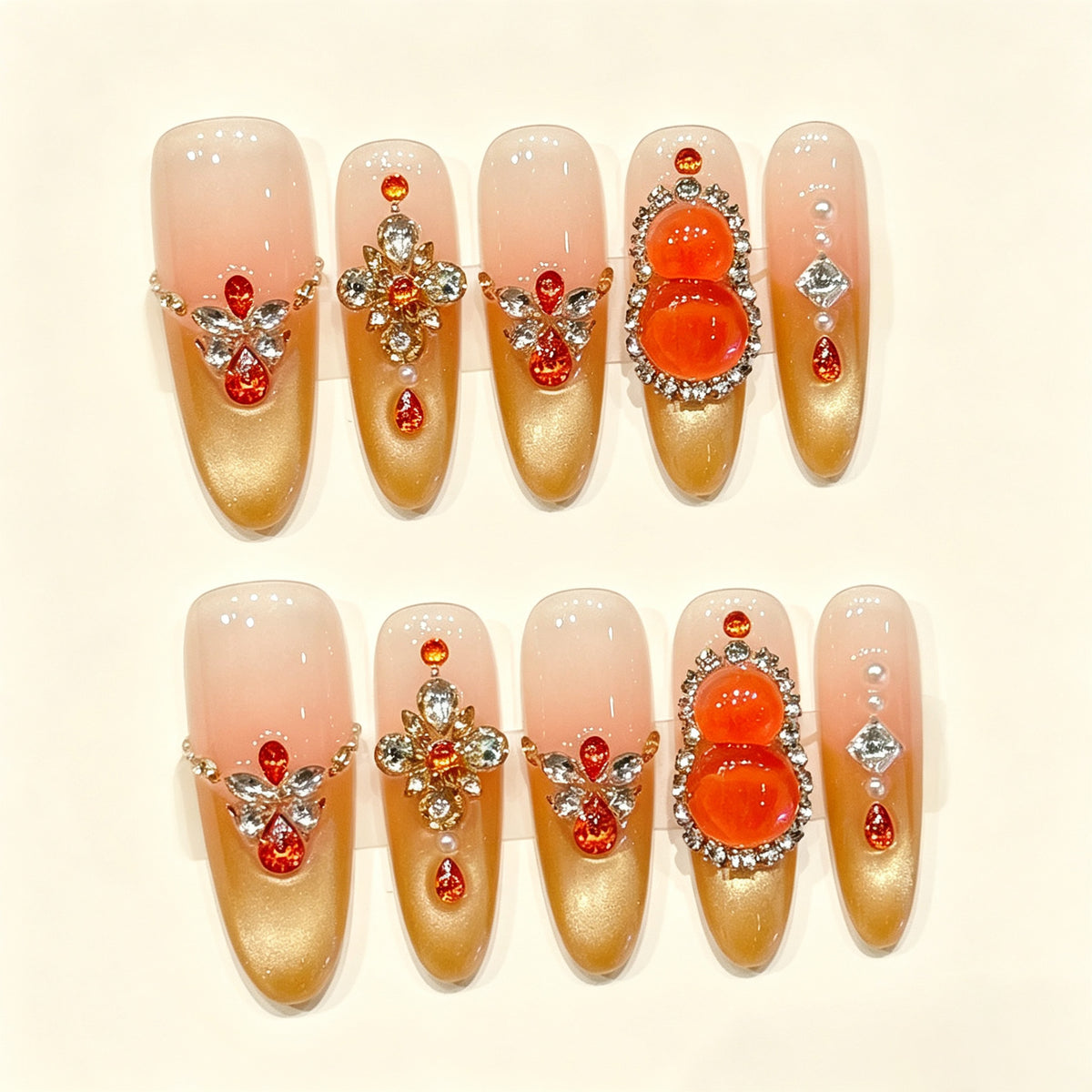 Amber Fortune | Long Almond Press‑on Nails