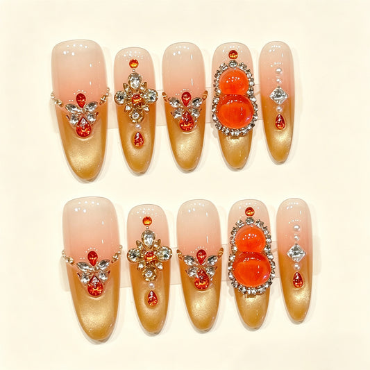Amber Fortune | Long Almond Press‑on Nails