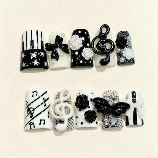 Monochrome Melody | Short Duck Press‑on Nails