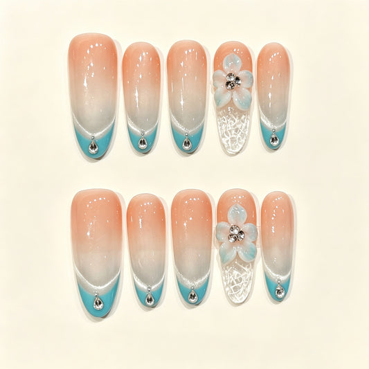 Aqua Petal | Long Oval Press‑on Nails