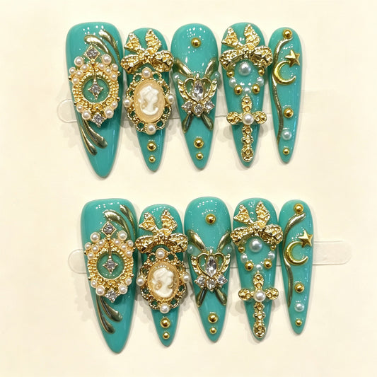 Teal Gild | Long Stiletto Press‑on Nails
