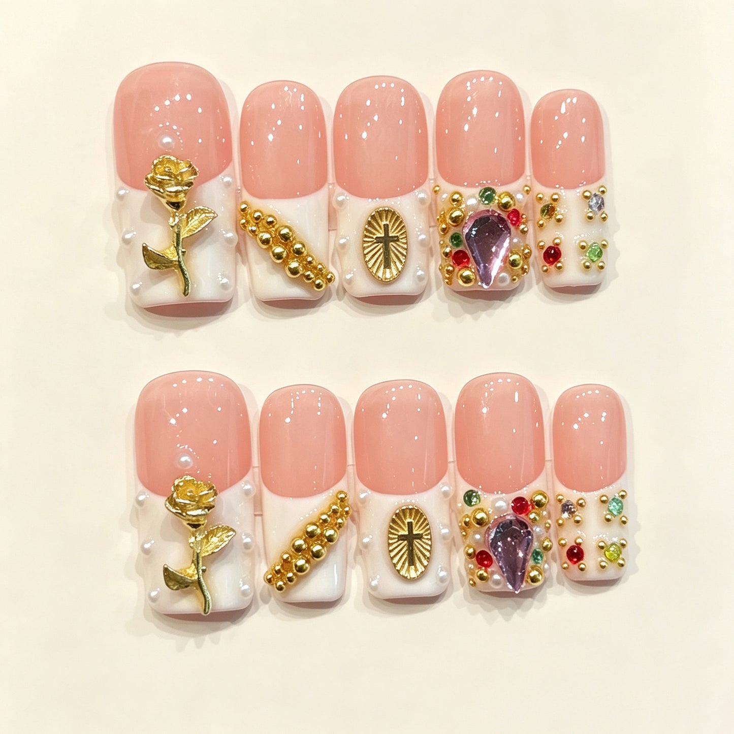 Ivory Gildrose | Long Square Press‑on Nails