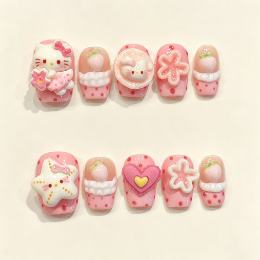 Candy Kitty | Short Coffin Press‑on Nails
