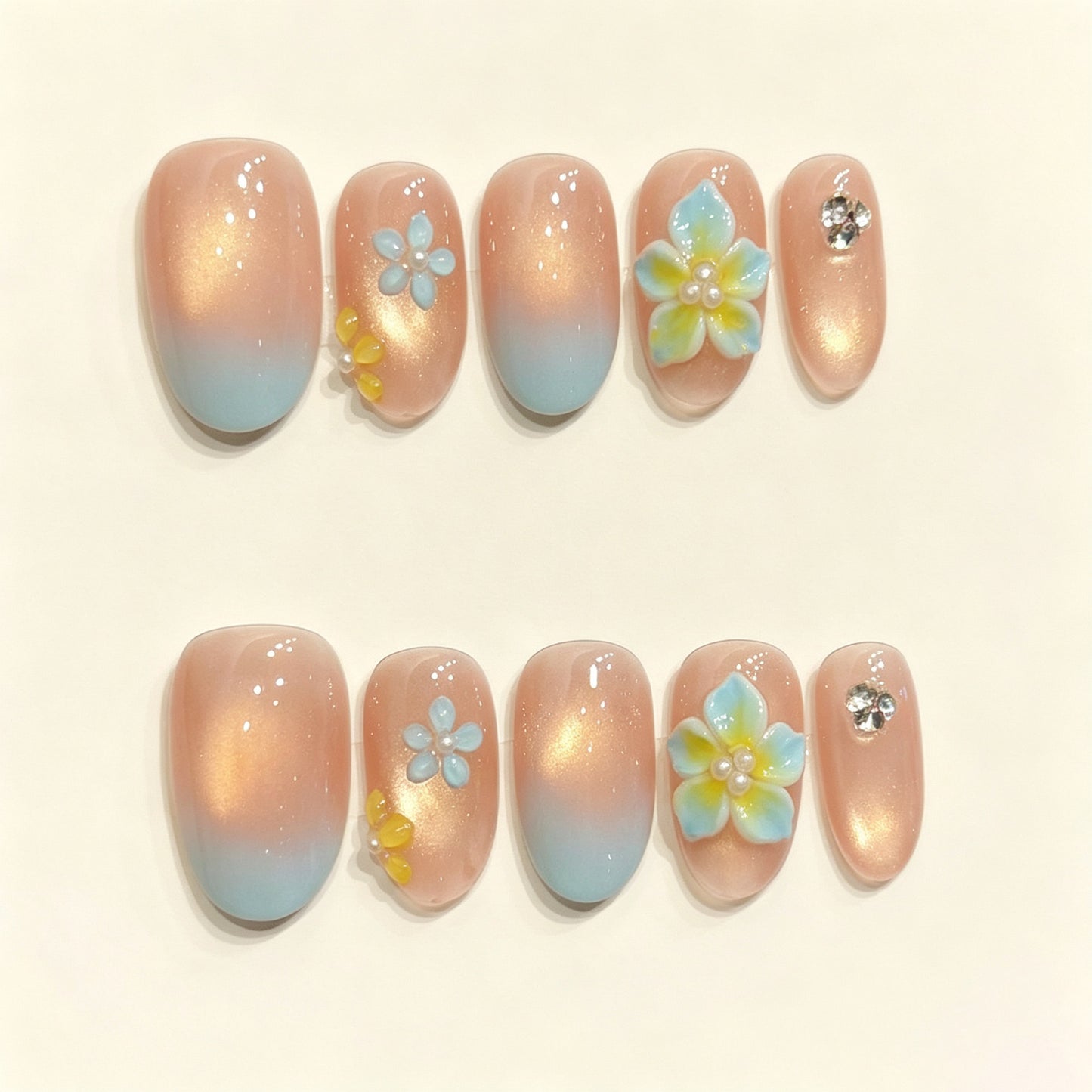 Sunset Aqua Petal | Short Oval Press‑on Nails