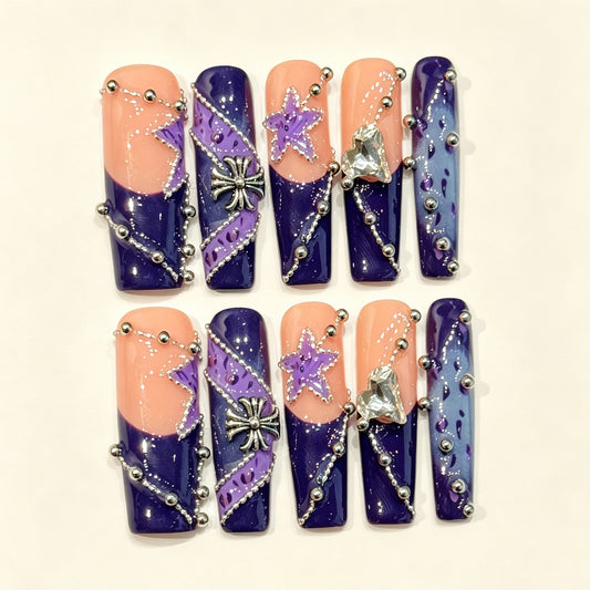 Violet Orbit | Long Coffin Press‑on Nails