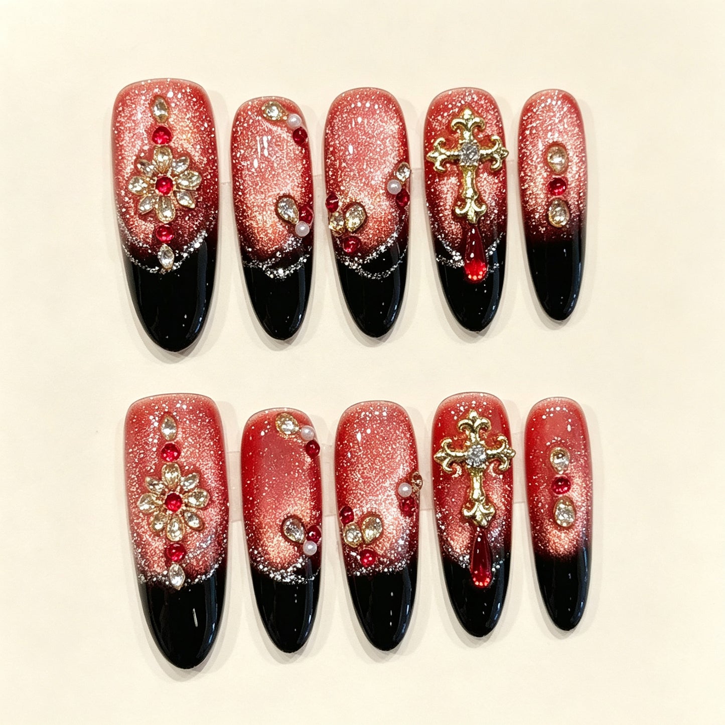 Crimson Cross | Long Almond Press‑on Nails
