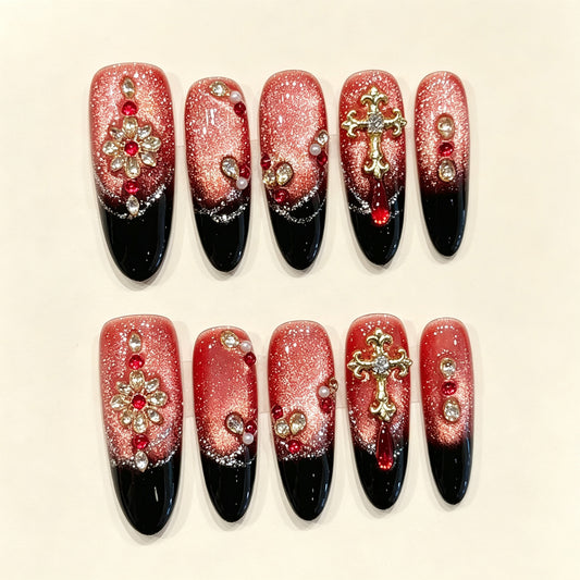 Crimson Cross | Long Almond Press‑on Nails