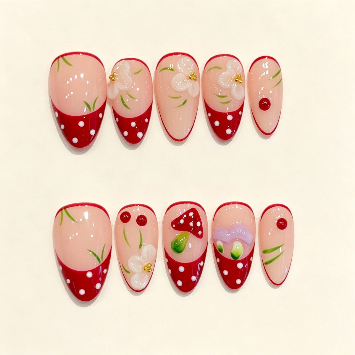 Red Forest Sprout | Short Almond Press‑on Nails