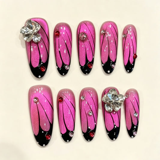 Fuchsia Wing | Long Oval Press‑on Nails