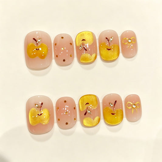 Golden Apple Bow | Short Square Press‑on Nails