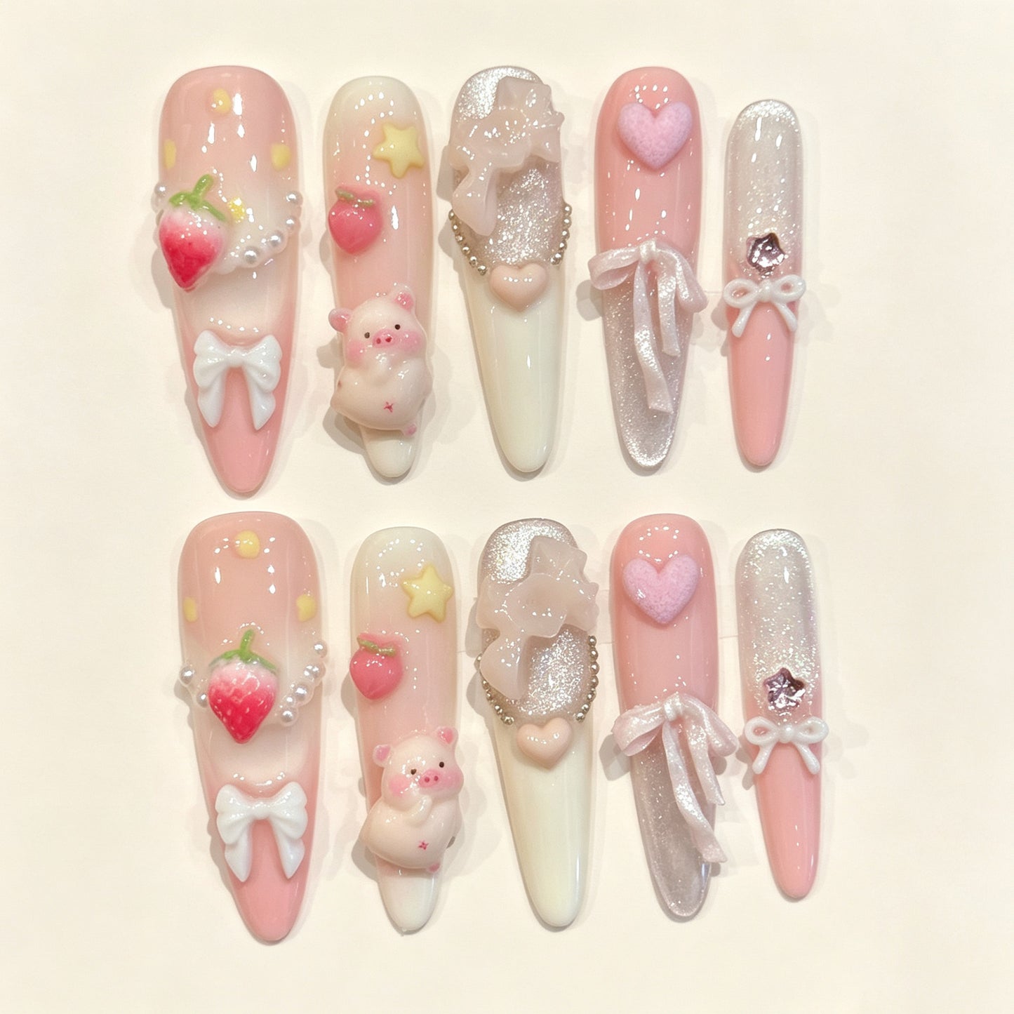 Strawberry Pig | Long Stiletto Press‑on Nails
