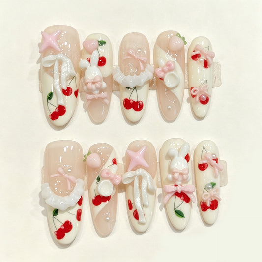 Lumi Cherry | Long Oval Press‑on Nails