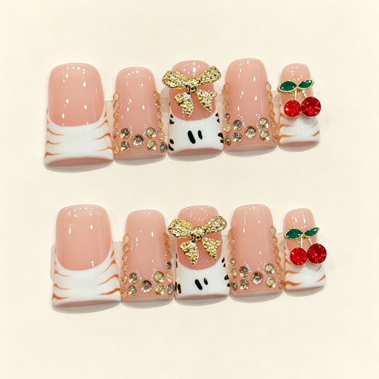 Blush Cherry Bow | Short Duck Press‑on Nails