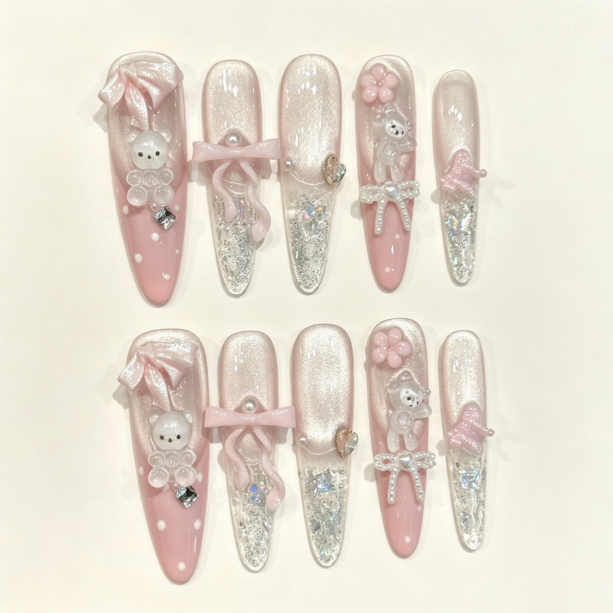Ribbon Bear | Long Stiletto Press‑on Nails
