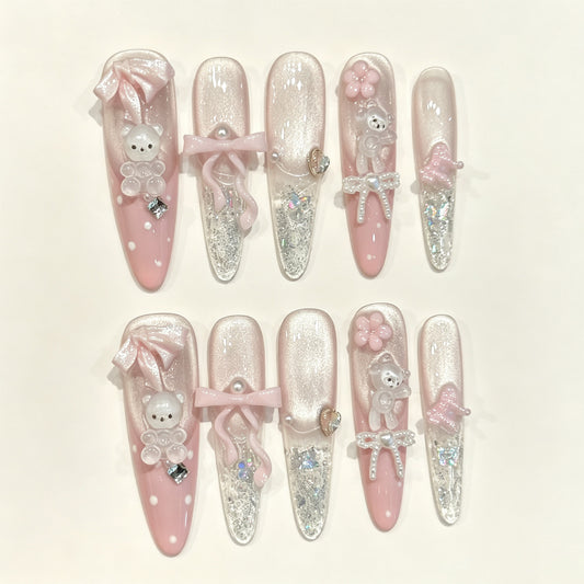 Ribbon Bear | Long Stiletto Press‑on Nails