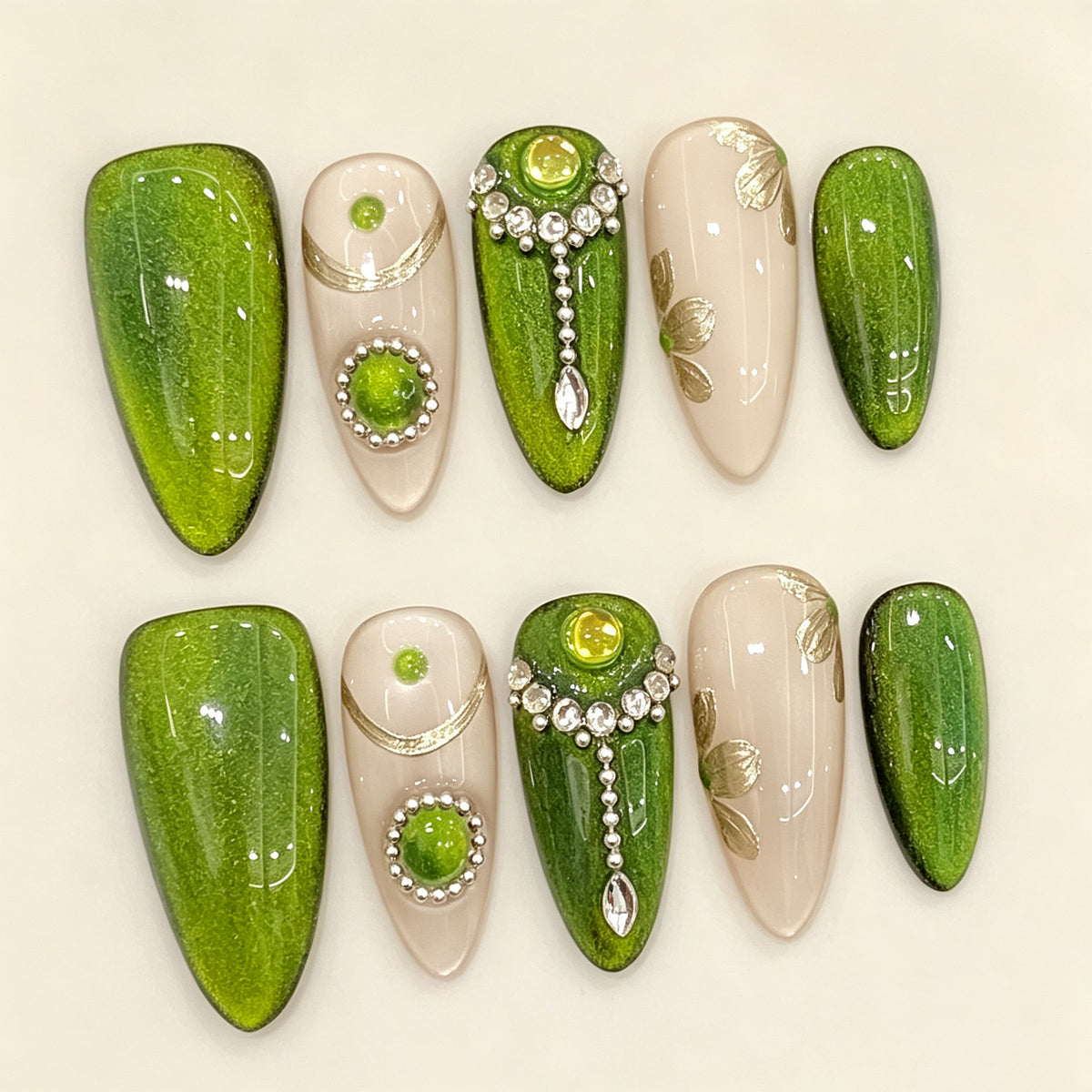 Emerald Gleam | Medium Almond Press‑on Nails